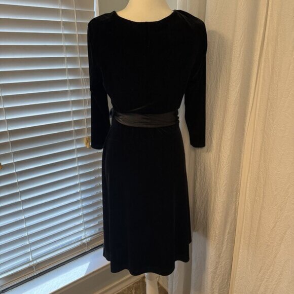 AB Studio Black Velvet Midi Dress Size L Satin Sash 3/4 Sleeve V-Neck Holiday - Picture 2 of 12